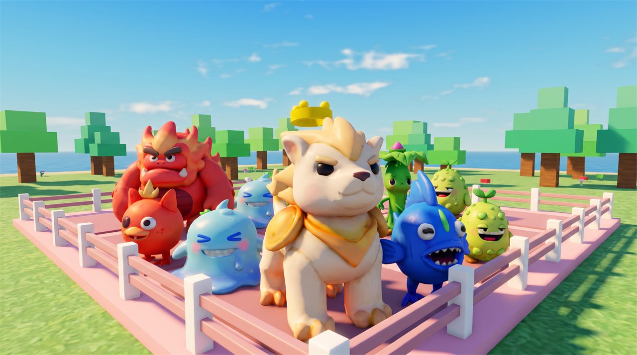 かいじゅう牧場のキービジュアル。牧場の柵の中に、色とりどりの怪獣が集まっている