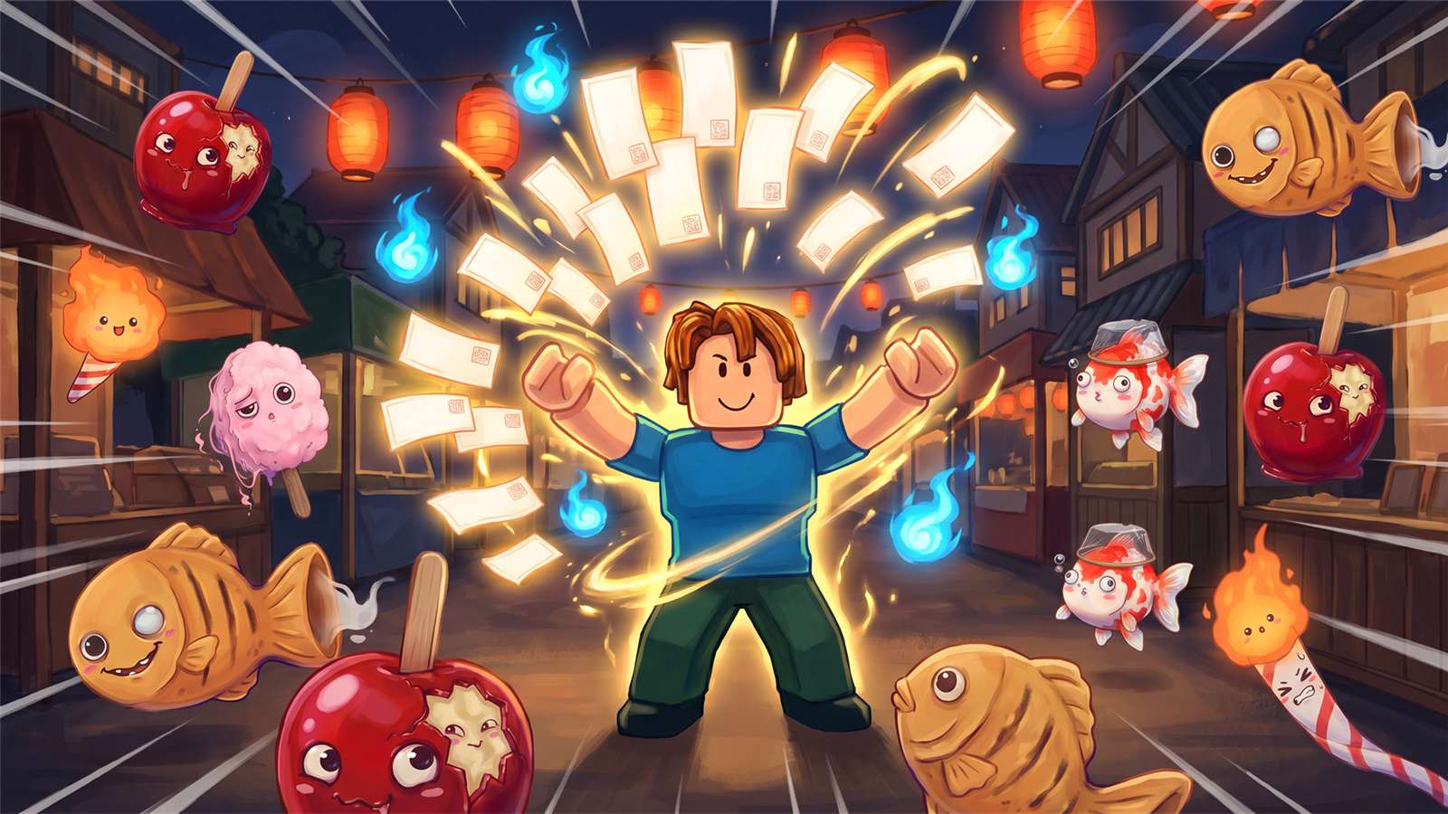 Key visual of Yokai Night Survivors. At a night festival, a horde of yokai surrounds the hero wrapped in paper talismans