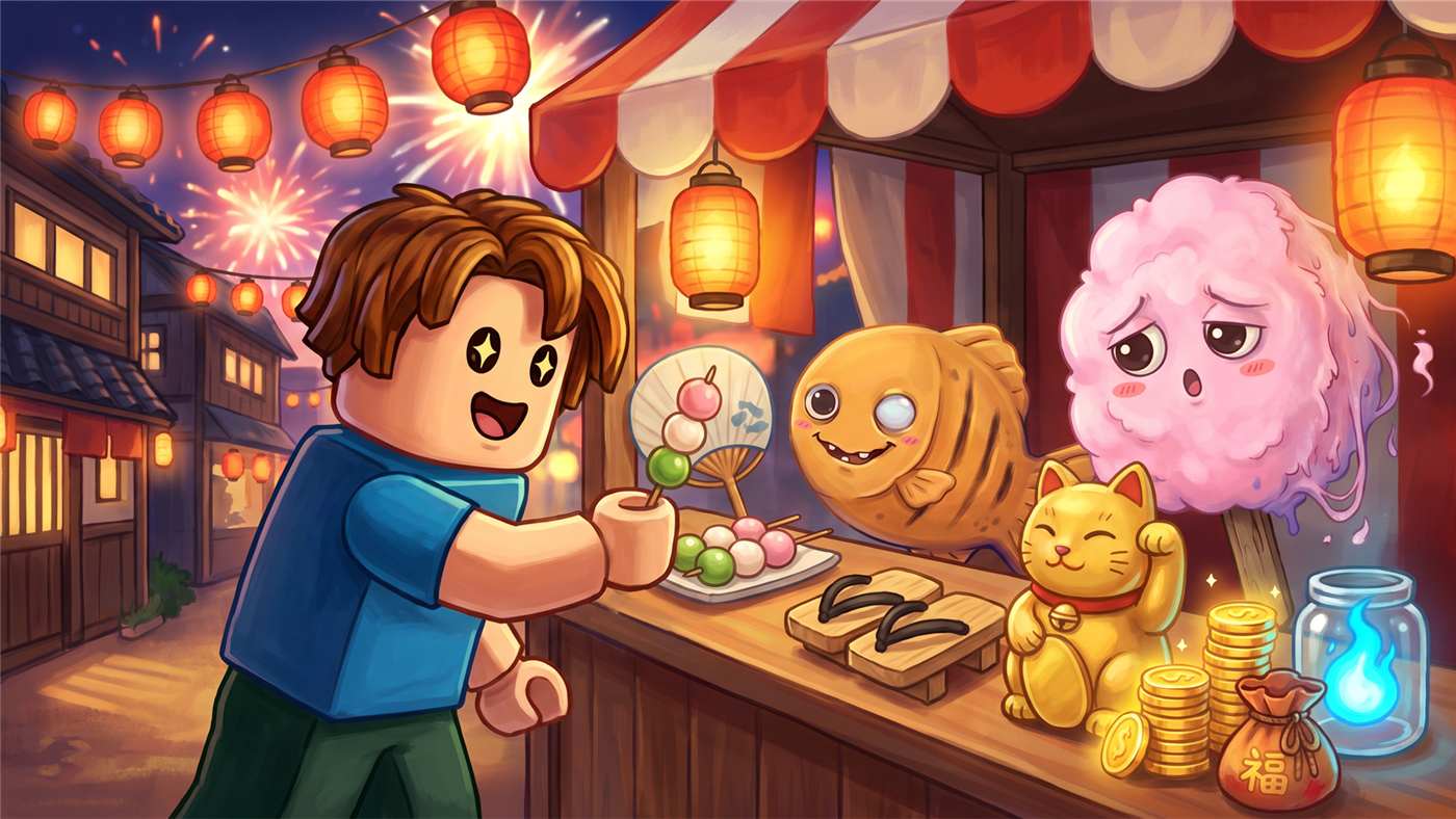 縁日の屋台で、次の冒険のための強化を買う場面