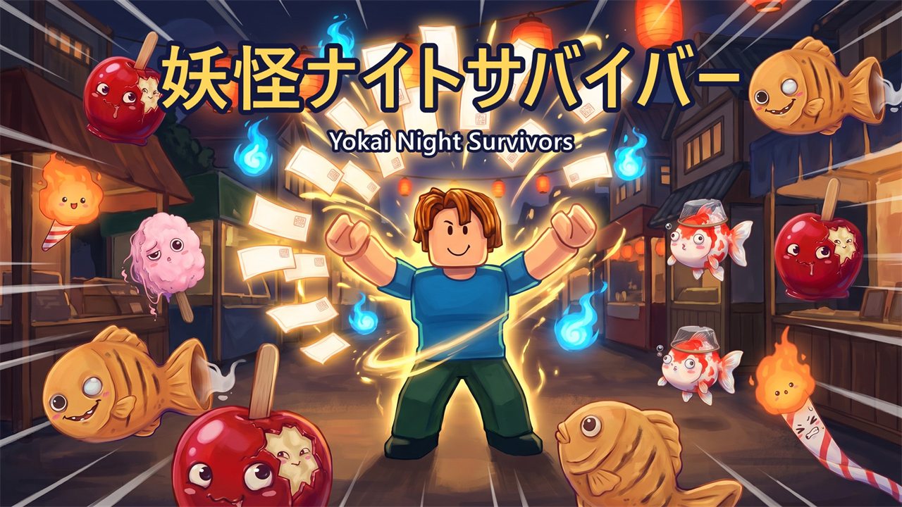 妖怪ナイトサバイバーのキービジュアル。夜の縁日で、お札をまとった主人公を妖怪の大群が囲んでいる